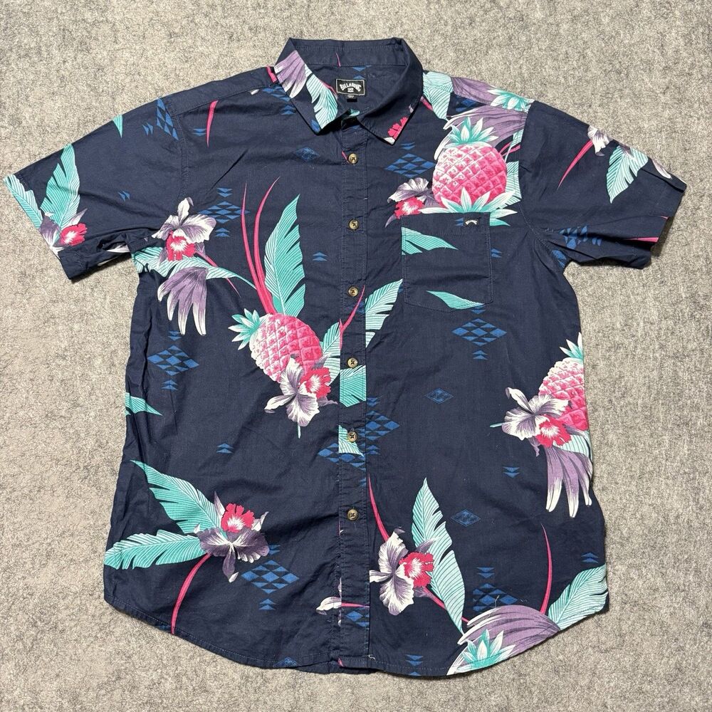Billabong Shirt Mens Medium Short Sleeve Button Down Navy Pink Pineapple Floral